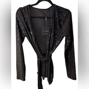 JLUXLABEL Black Sequined Belted Cardigan Medium NWT